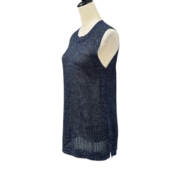 W by Worth Dark Navy Open Knit Silver Metallic Sparkle Tunic Tank Sleeveless Top - Picture 2 of 12
